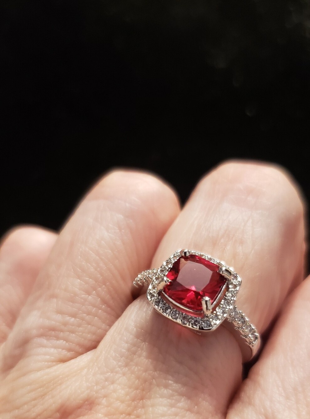 NEW Sz 6 Square Cut Ruby Halo Fashion Ring, Perfect Pink Red, Beautiful Facets.